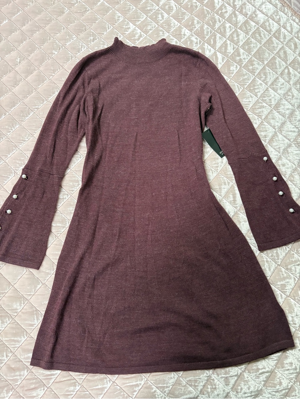 NWT❗️Adrienne Vittadini Plum Long-Sleeve Knit Dress with Pearl Trim
